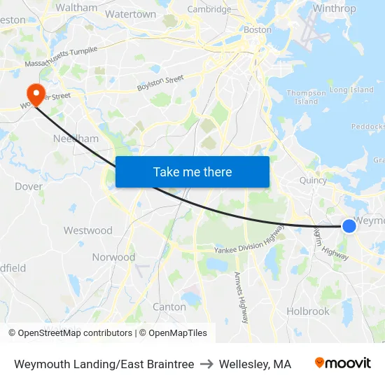 Weymouth Landing/East Braintree to Wellesley, MA map