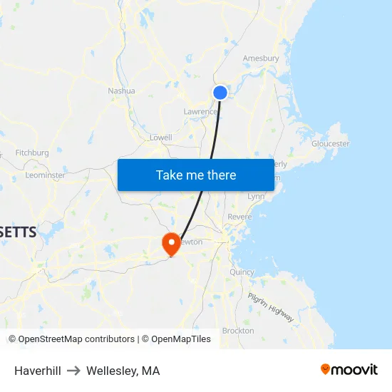 Haverhill to Wellesley, MA map