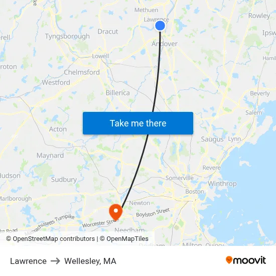 Lawrence to Wellesley, MA map