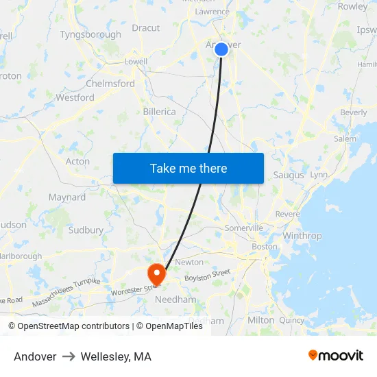 Andover to Wellesley, MA map