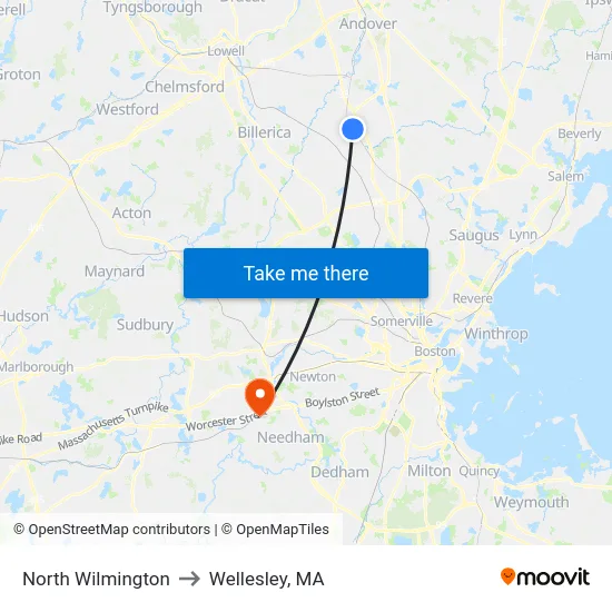 North Wilmington to Wellesley, MA map