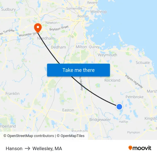 Hanson to Wellesley, MA map