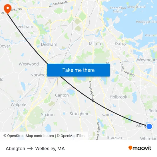 Abington to Wellesley, MA map