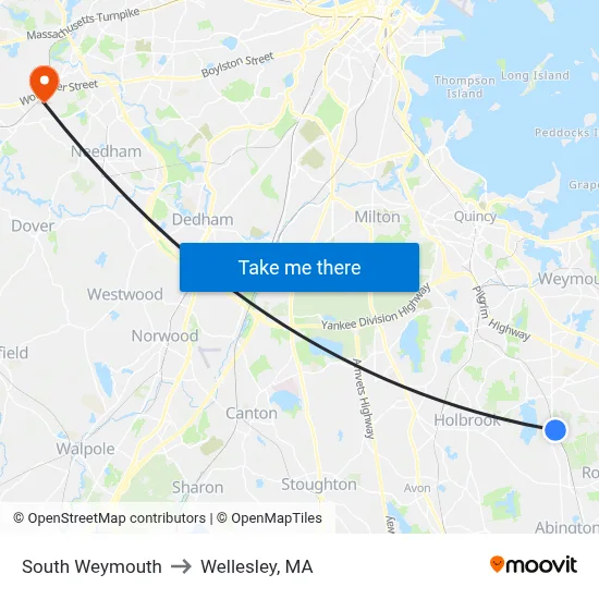South Weymouth to Wellesley, MA map