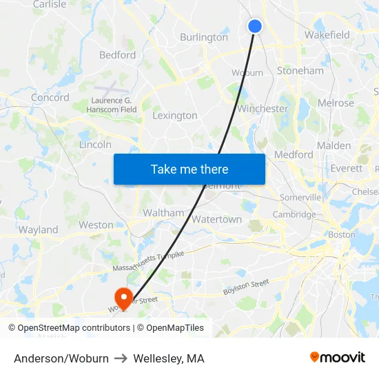 Anderson/Woburn to Wellesley, MA map