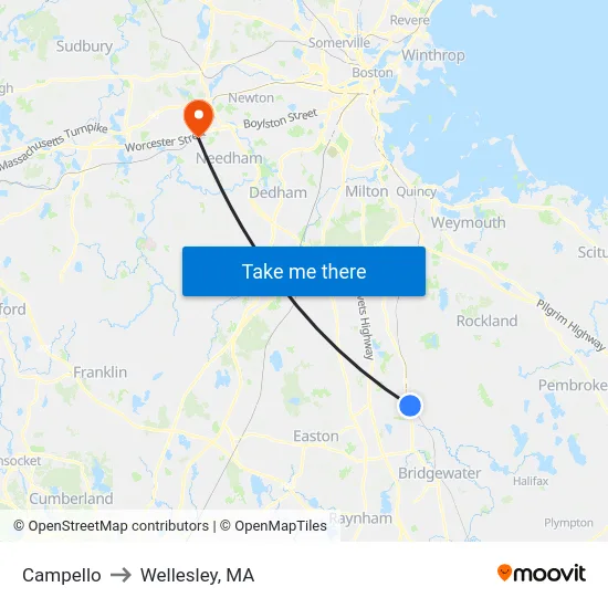 Campello to Wellesley, MA map