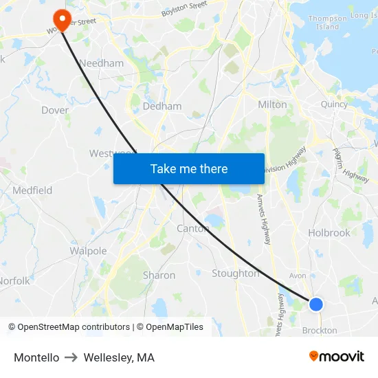 Montello to Wellesley, MA map