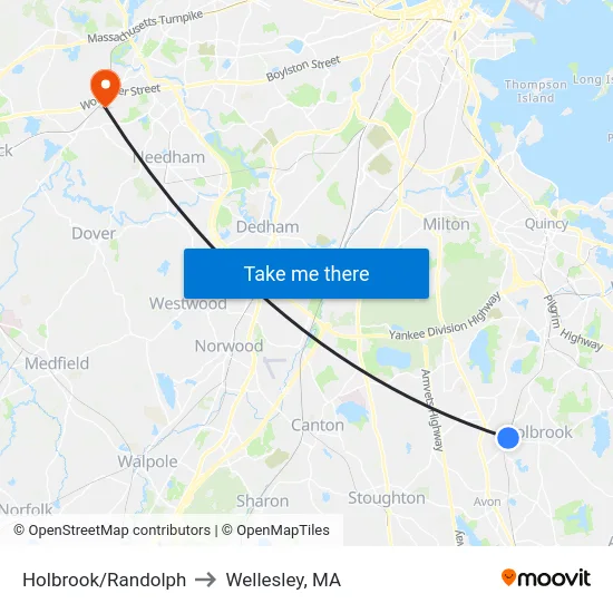 Holbrook/Randolph to Wellesley, MA map