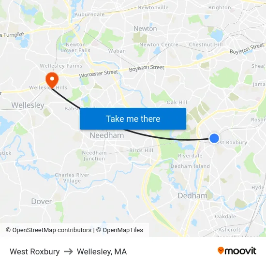 West Roxbury to Wellesley, MA map