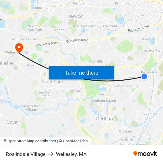 Roslindale Village to Wellesley, MA map