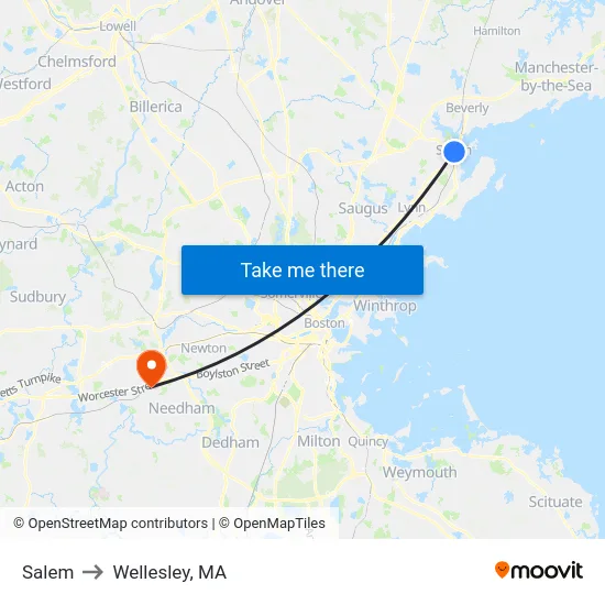 Salem to Wellesley, MA map