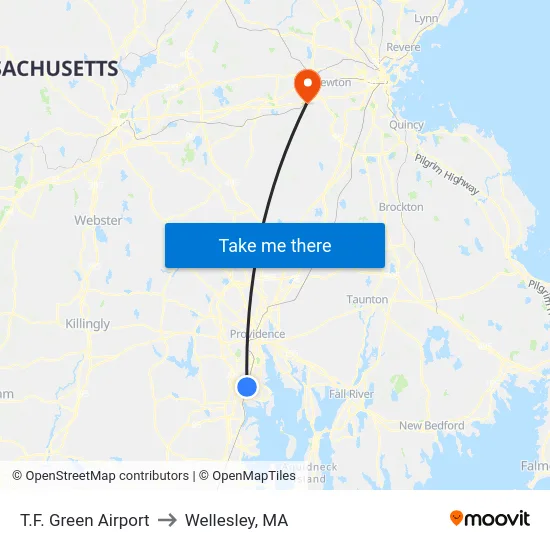 T.F. Green Airport to Wellesley, MA map
