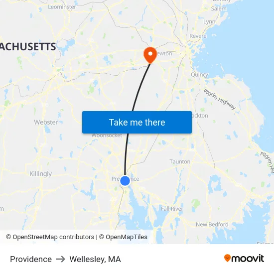 Providence to Wellesley, MA map