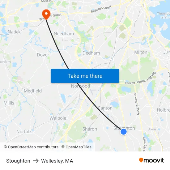 Stoughton to Wellesley, MA map