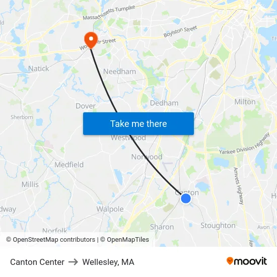 Canton Center to Wellesley, MA map