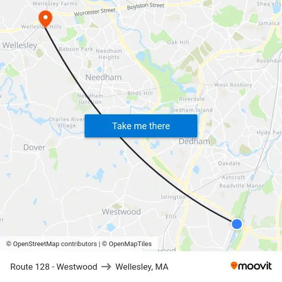 Route 128 - Westwood to Wellesley, MA map