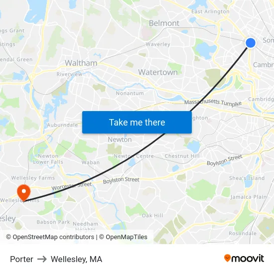 Porter to Wellesley, MA map