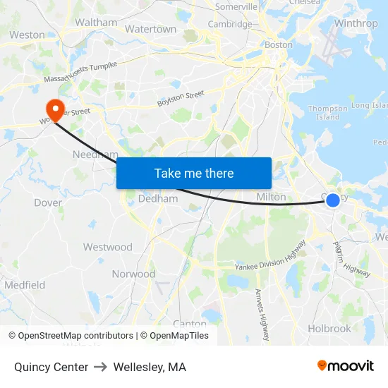 Quincy Center to Wellesley, MA map