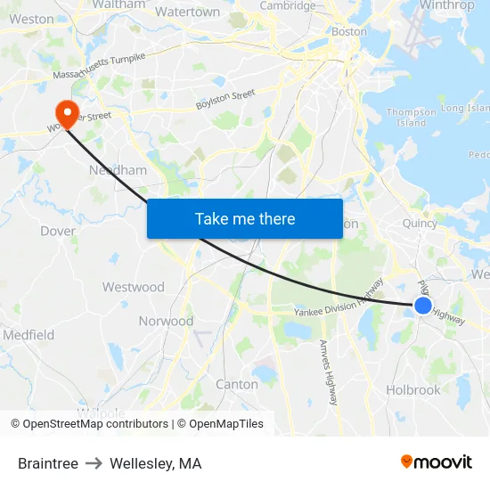 Braintree to Wellesley, MA map