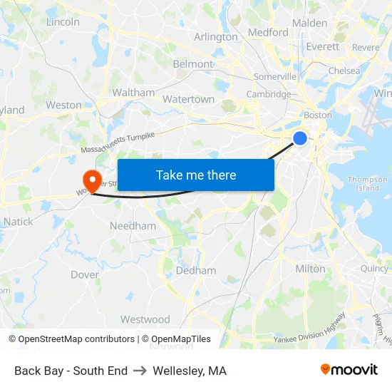 Back Bay - South End to Wellesley, MA map