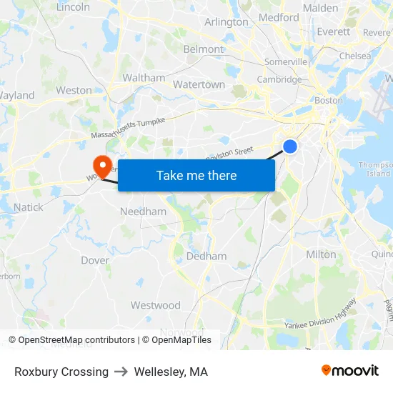 Roxbury Crossing to Wellesley, MA map