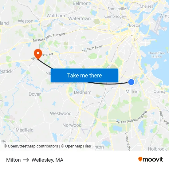 Milton to Wellesley, MA map