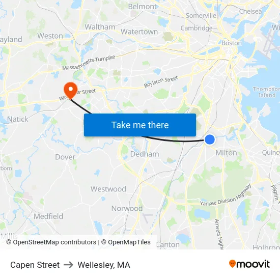 Capen Street to Wellesley, MA map