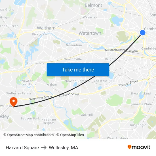Harvard Square to Wellesley, MA map