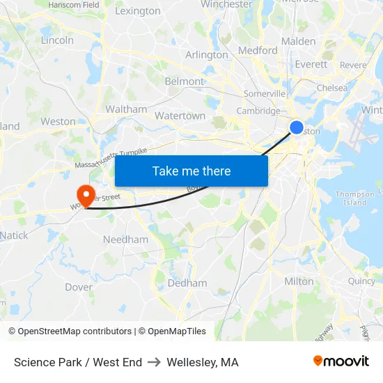 Science Park / West End to Wellesley, MA map