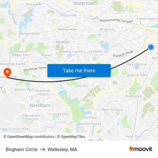 Brigham Circle to Wellesley, MA map