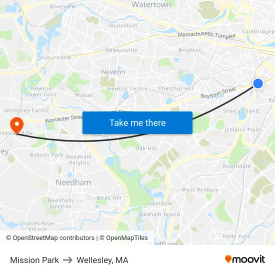 Mission Park to Wellesley, MA map