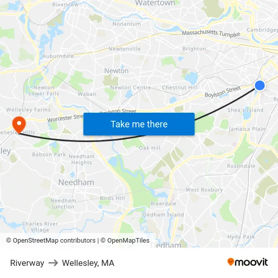 Riverway to Wellesley, MA map