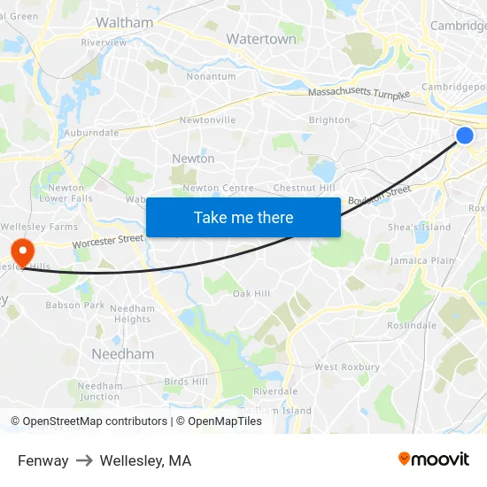 Fenway to Wellesley, MA map