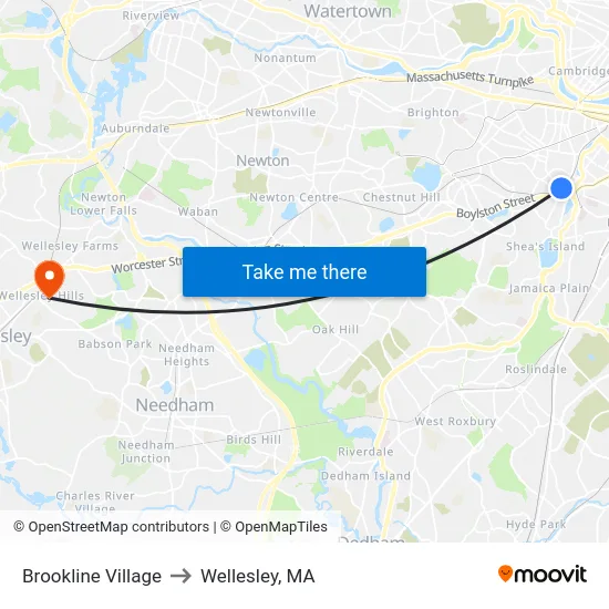 Brookline Village to Wellesley, MA map