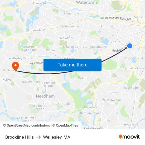 Brookline Hills to Wellesley, MA map