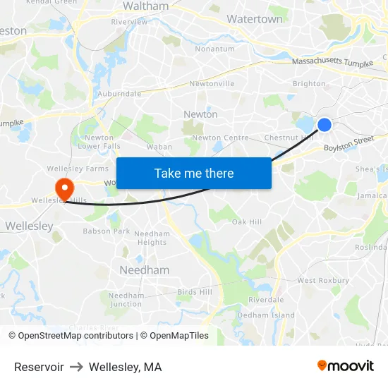 Reservoir to Wellesley, MA map