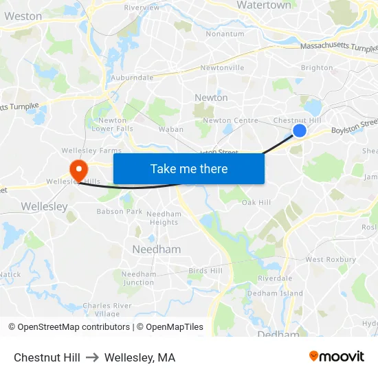 Chestnut Hill to Wellesley, MA map