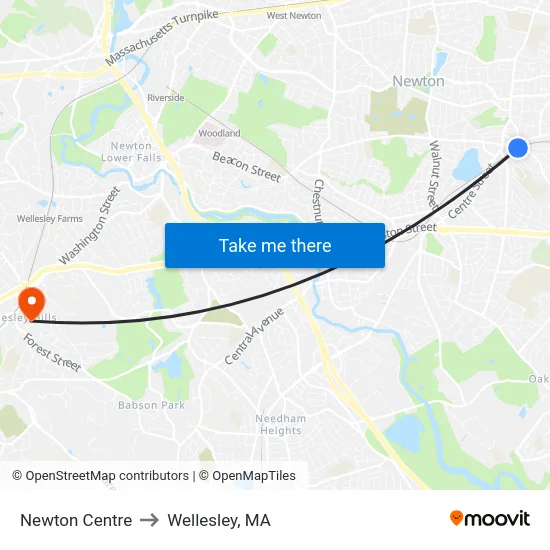 Newton Centre to Wellesley, MA map