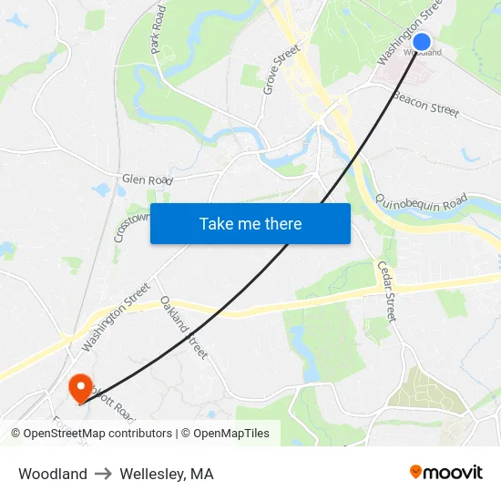 Woodland to Wellesley, MA map