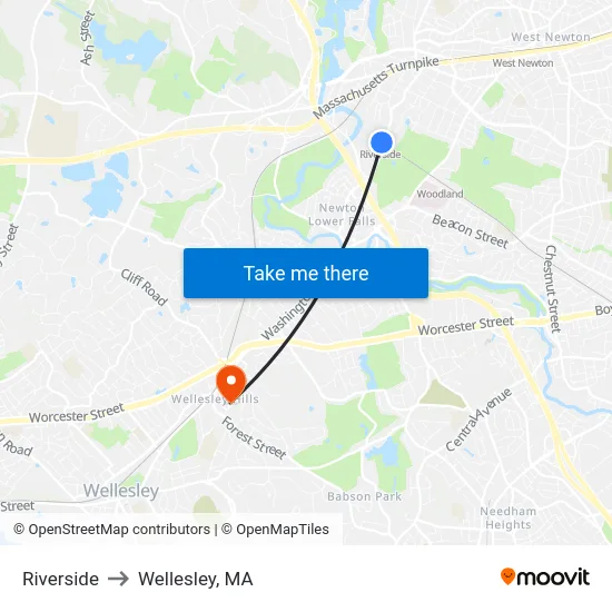 Riverside to Wellesley, MA map