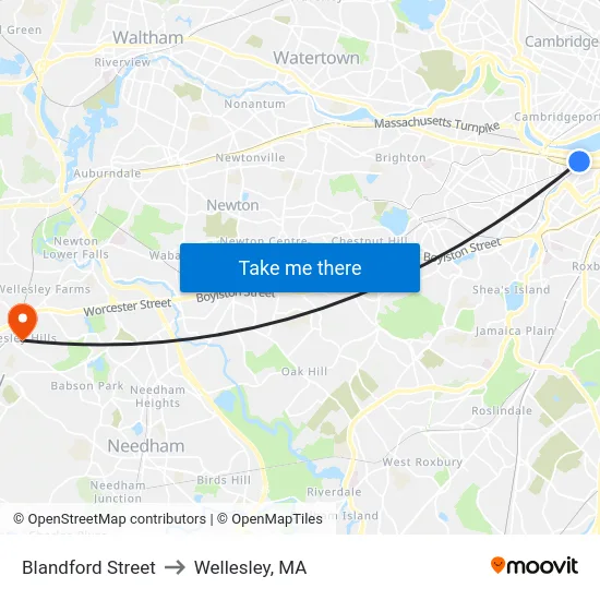 Blandford Street to Wellesley, MA map
