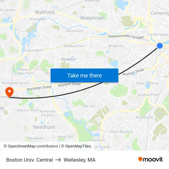 Boston Univ. Central to Wellesley, MA map