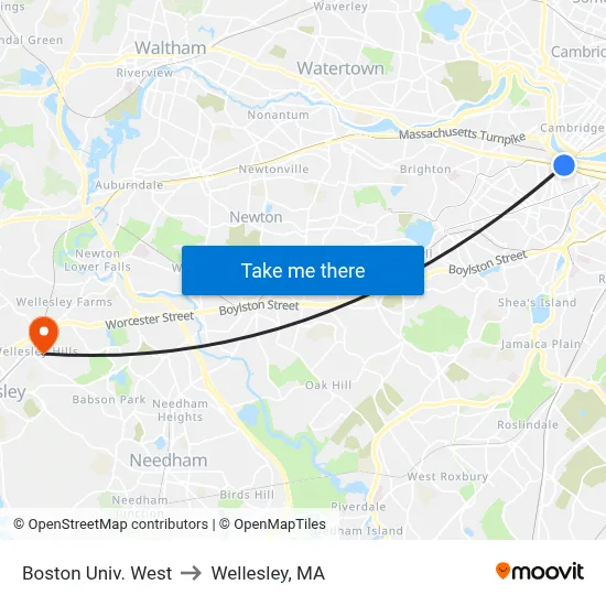Boston Univ. West to Wellesley, MA map