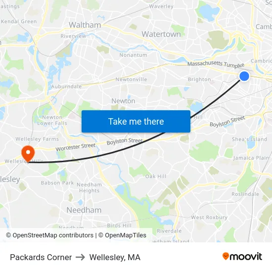 Packards Corner to Wellesley, MA map