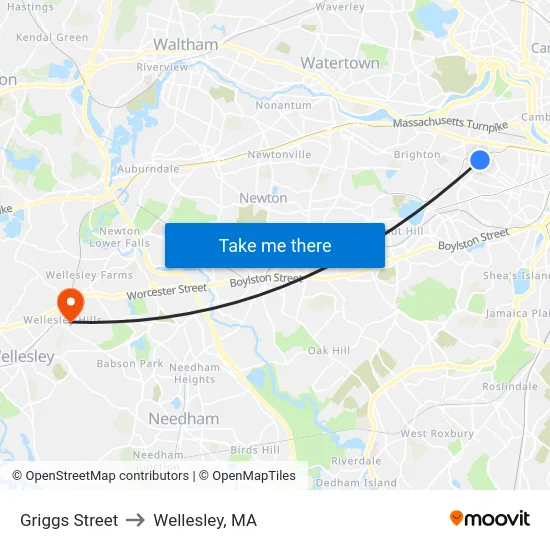 Griggs Street to Wellesley, MA map