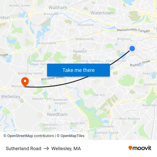 Sutherland Road to Wellesley, MA map
