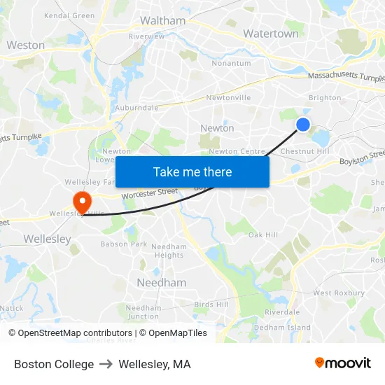Boston College to Wellesley, MA map