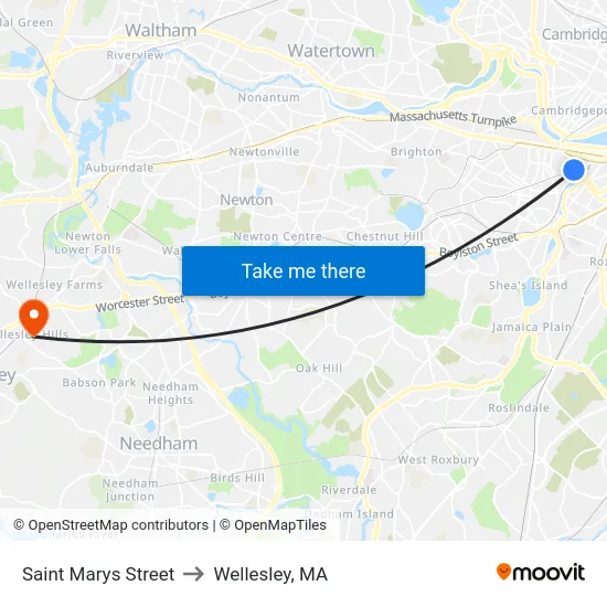 Saint Marys Street to Wellesley, MA map