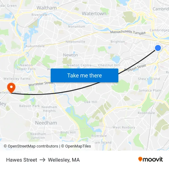 Hawes Street to Wellesley, MA map