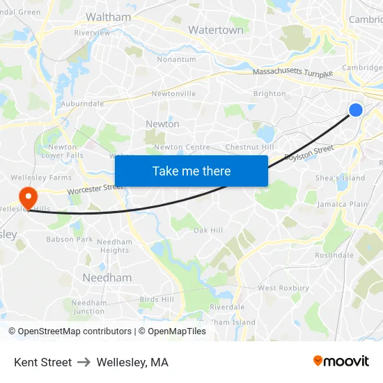 Kent Street to Wellesley, MA map